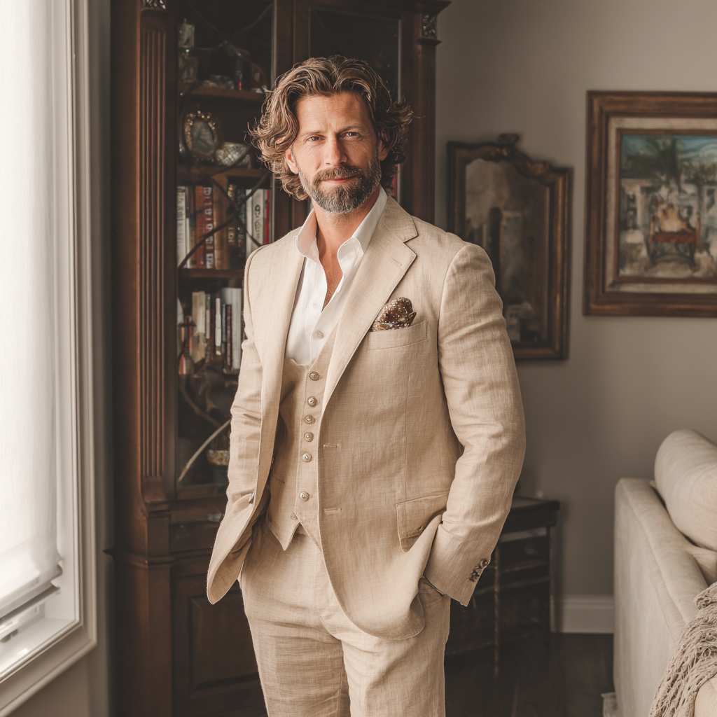 A smiling man wearing a linen suit | Source: Midjourney
