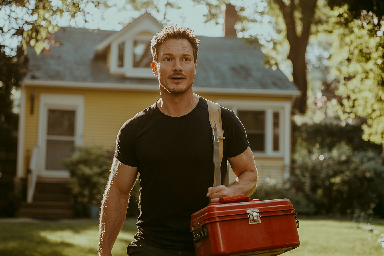 A man holding a red toolbox looks surprised in front of a yellow house | Source: Midjourney