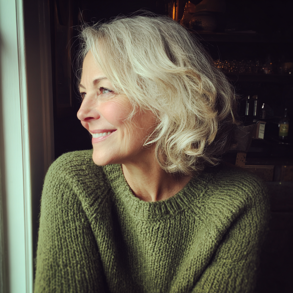 A smiling older woman looking out a window | Source: Midjourney