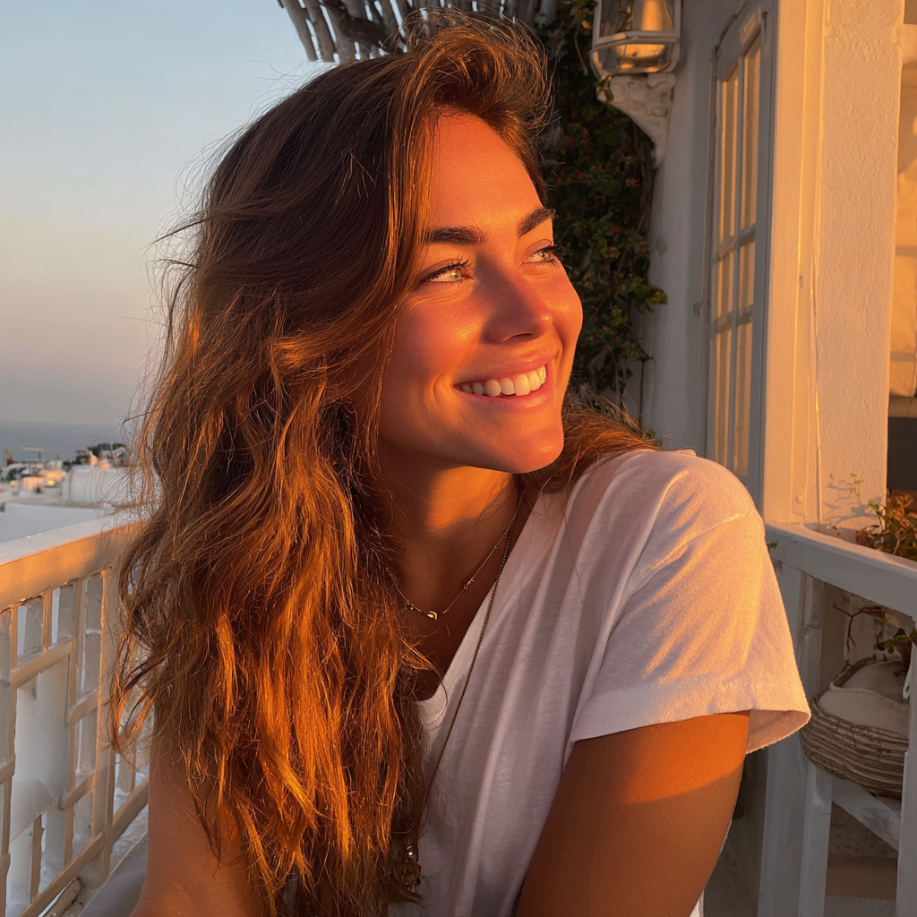 A smiling woman sitting on a balcony | Source: Midjourney