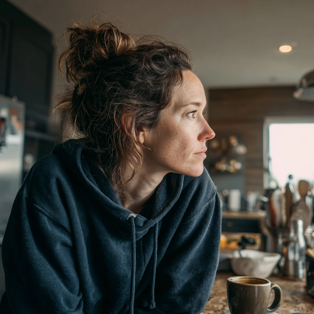 An upset woman sitting at a kitchen counter | Source: Midjourney