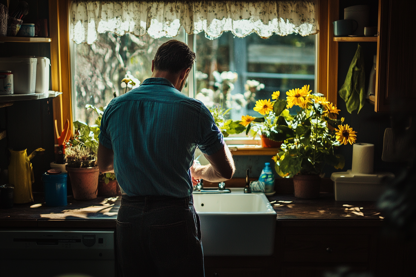 A man washing his hands on a kitchen sink | Source: Midjourney