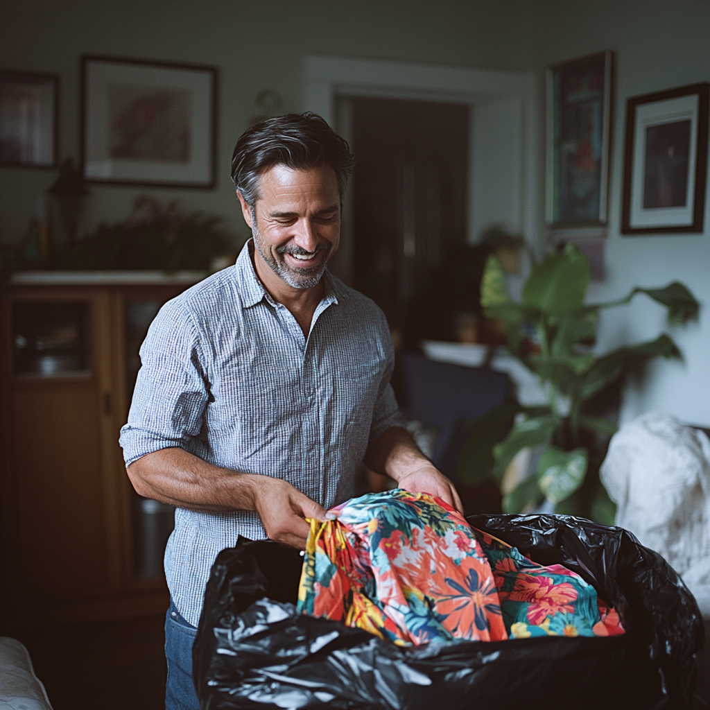 My Stepfather Told My Mom She Didn't Need Pretty Clothes Anymore – It Was His Biggest Mistake 9 A happy man stuffing clothes into a bag | Source: Midjourney