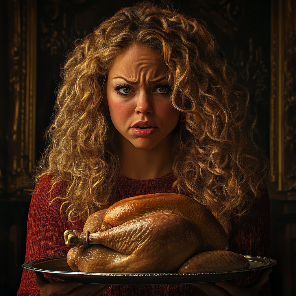 A frowning woman holding a tray of turkey | Source: Midjourney