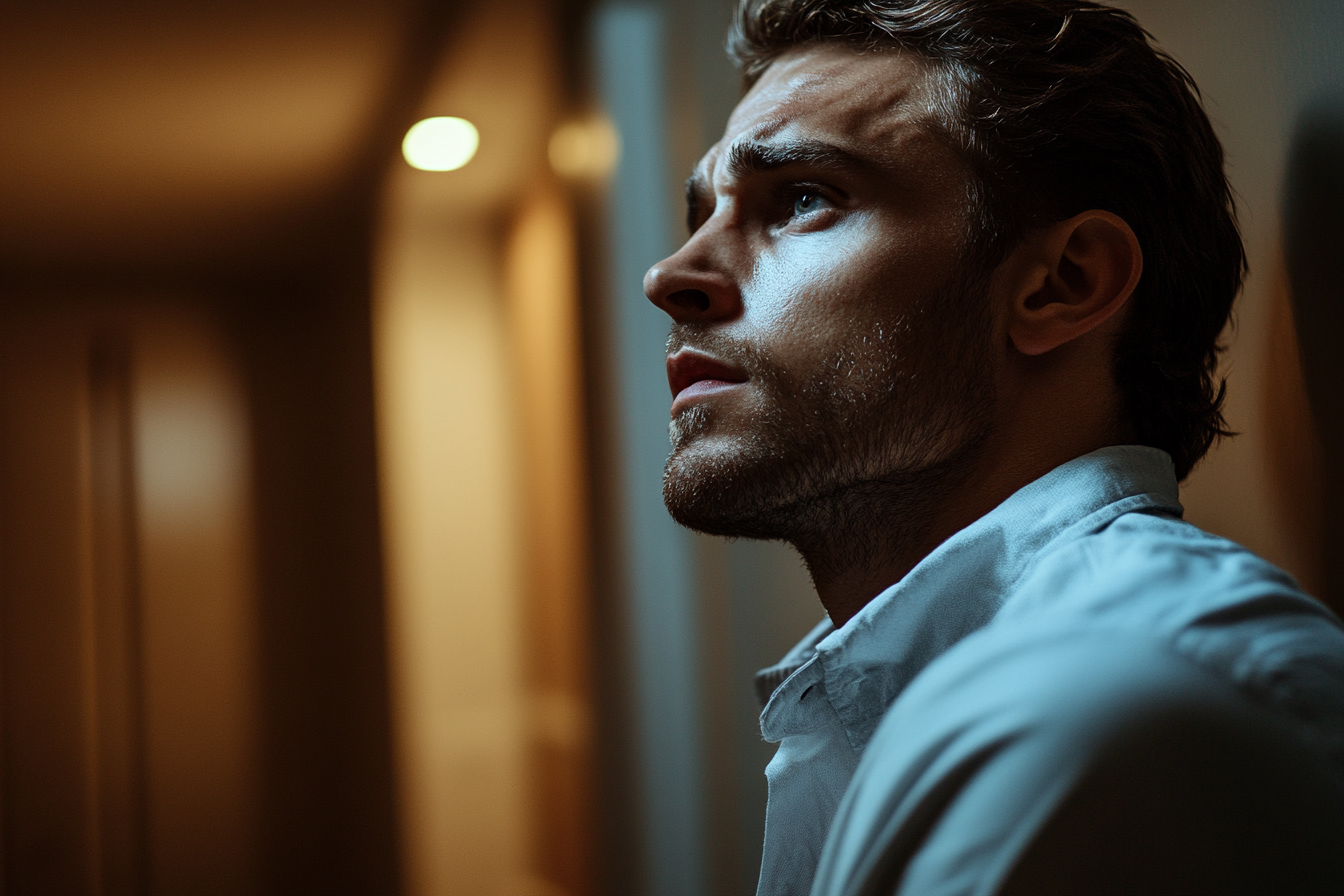 A concerned man standing in his hallway at home | Source: Midjourney