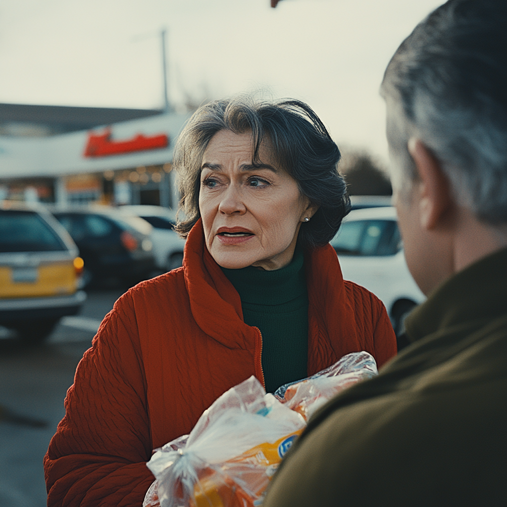 A woman talking to a stranger in a parking lot | Source: Midjourney