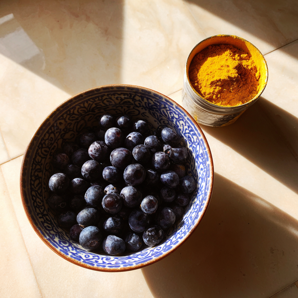 A bowl of blueberries and a container of turmeric powder | Source: Midjourney