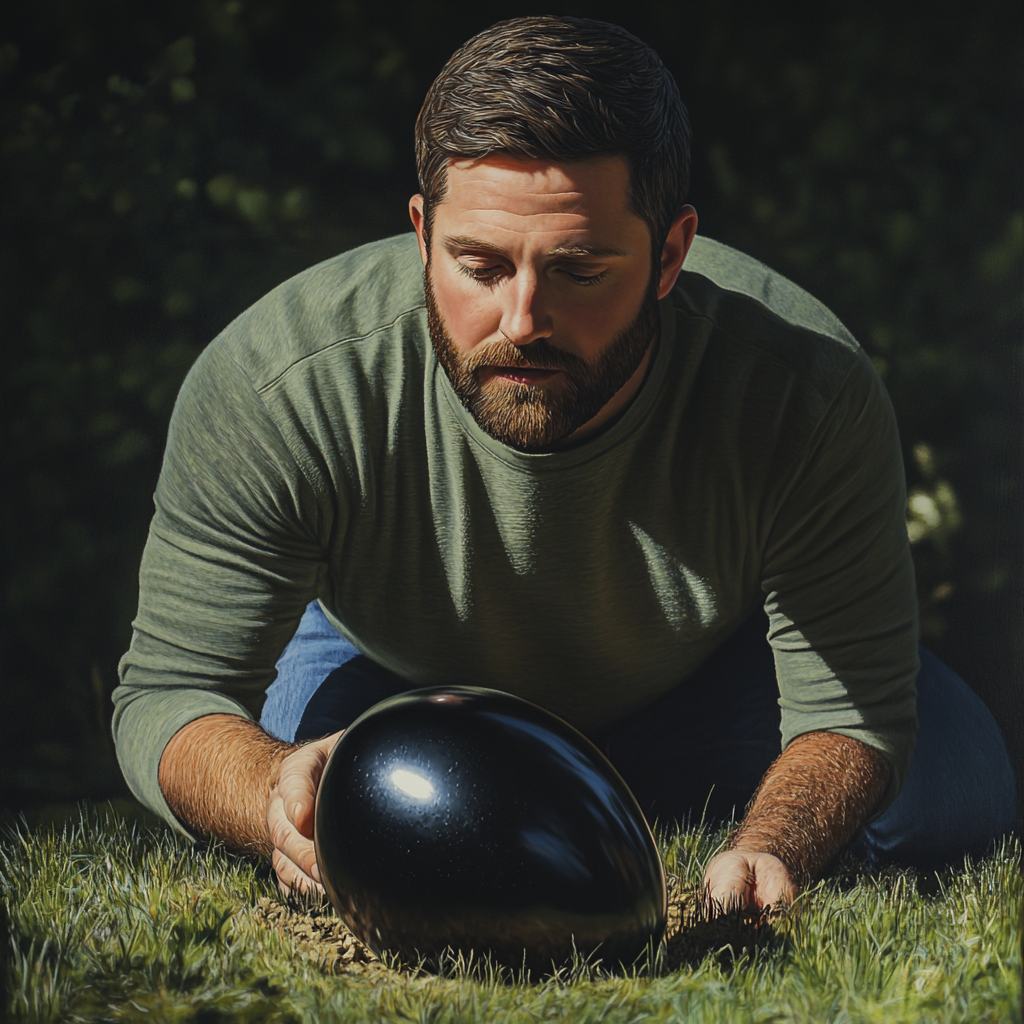 A man holding a large black egg | Source: Midjourney