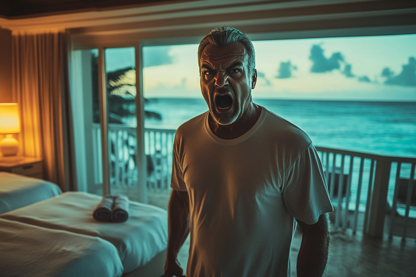 An angry man in a hotel room | Source: Midjourney