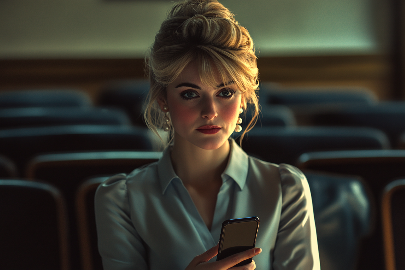 A woman sitting in a school theater, holding a phone, looking worried | Source: Midjourney