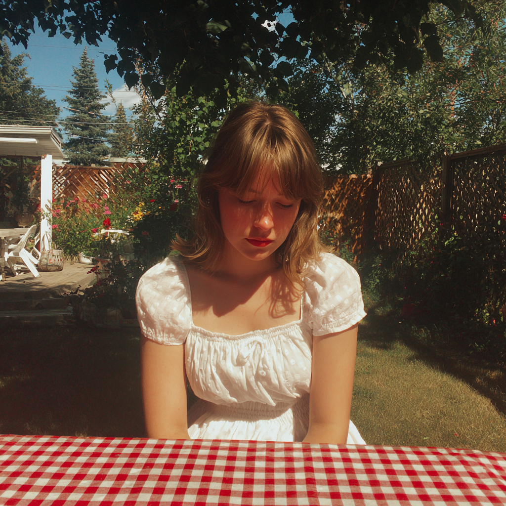 An emotional woman sitting at a picnic table | Source: Midjourney