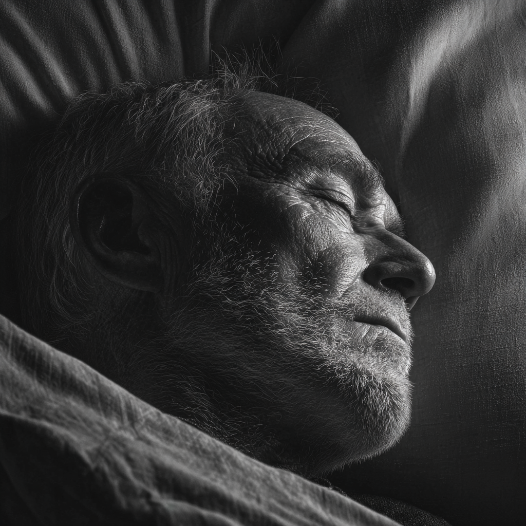 Grayscale shot of an elderly man sleeping | Source: Midjourney