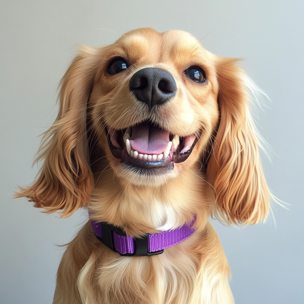 A close up of a dog with a purple collar | Source: Midjourney