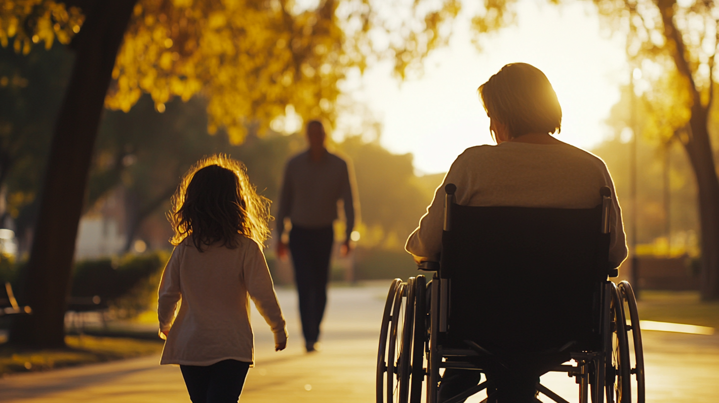 Wheelchair woman watching her child walking away | Source: Midjourney