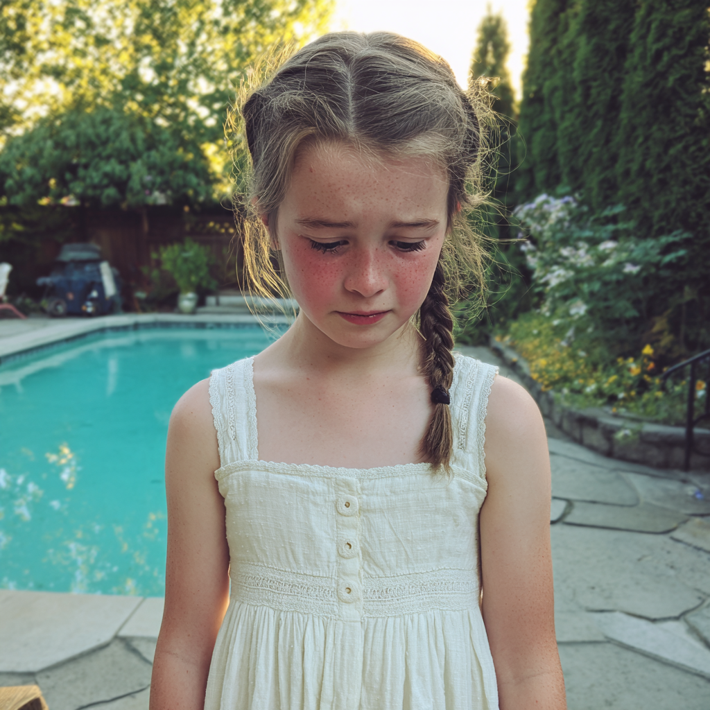 An upset little girl standing by a pool | Source: Midjourney