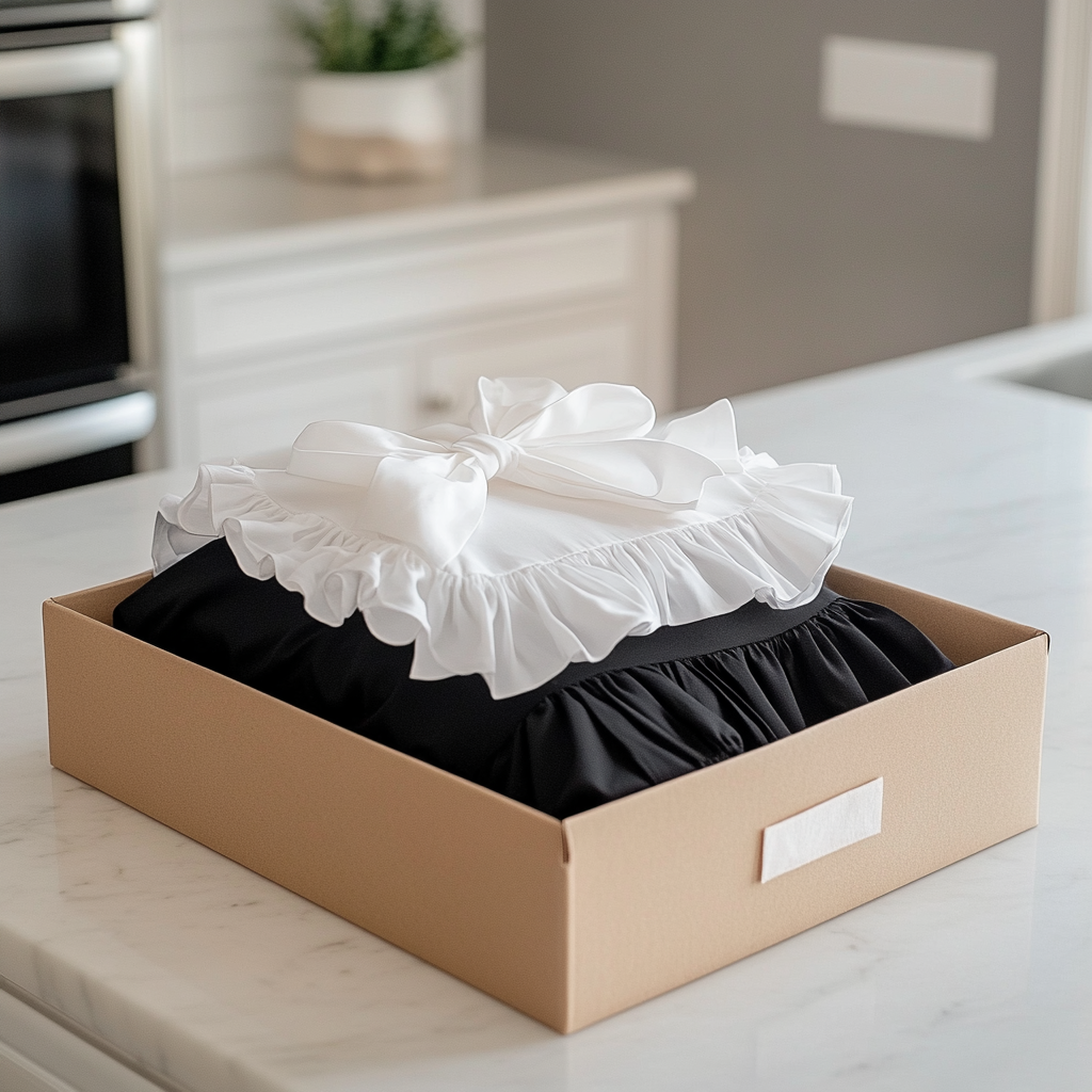 A frilly white apron and black dress inside a gift box | Source: Midjourney
