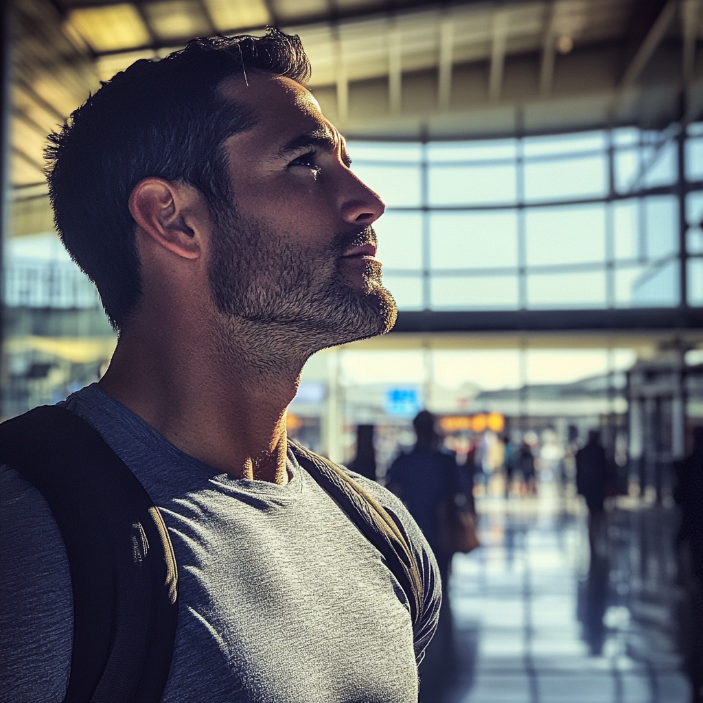 Um homem em pé em um aeroporto | Fonte: Midjourney