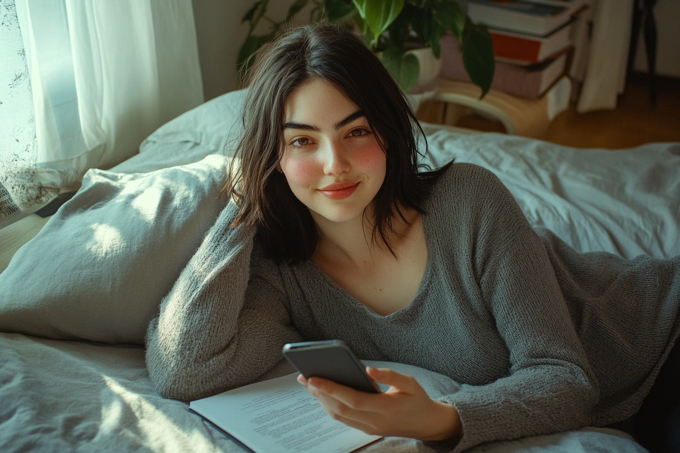 Una mujer sentada con su teléfono en la mano | Fuente: Midjourney