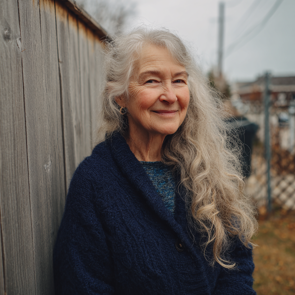 A smiling old woman standing outside | Source: Midjourney