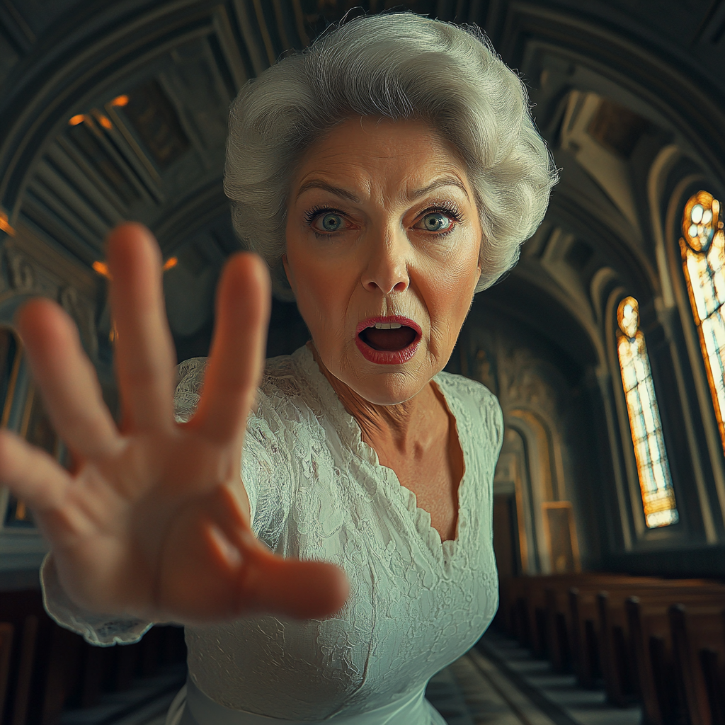 A frantic older woman in a church | Source: Midjourney