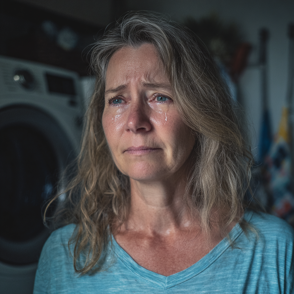 A woman crying in a laundry room | Source: Midjourney