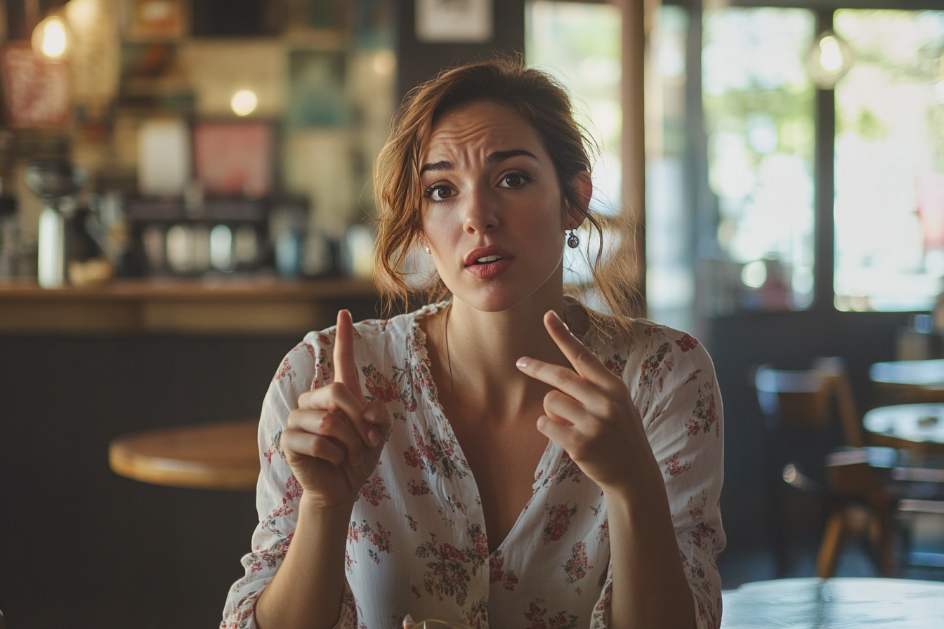 A woman ticking off points on her fingers while speaking | Source: Midjourney