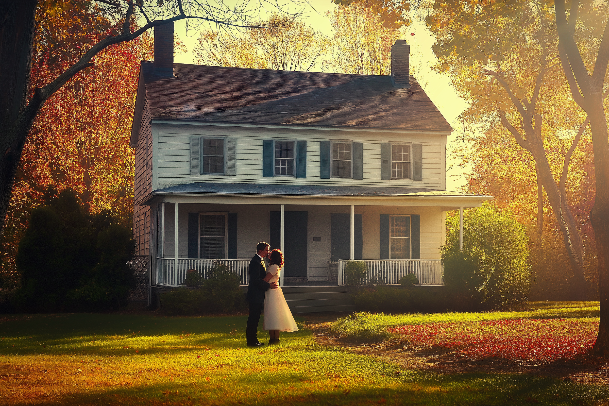 A couple kissing in front of a nice two-story house | Source: Midjourney