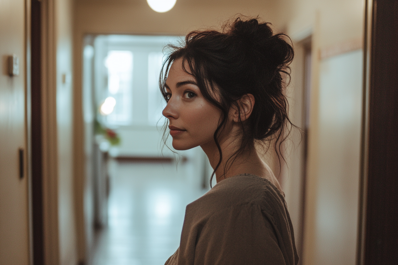 A thoughtful woman in an apartment building hallway | Source: Midjourney