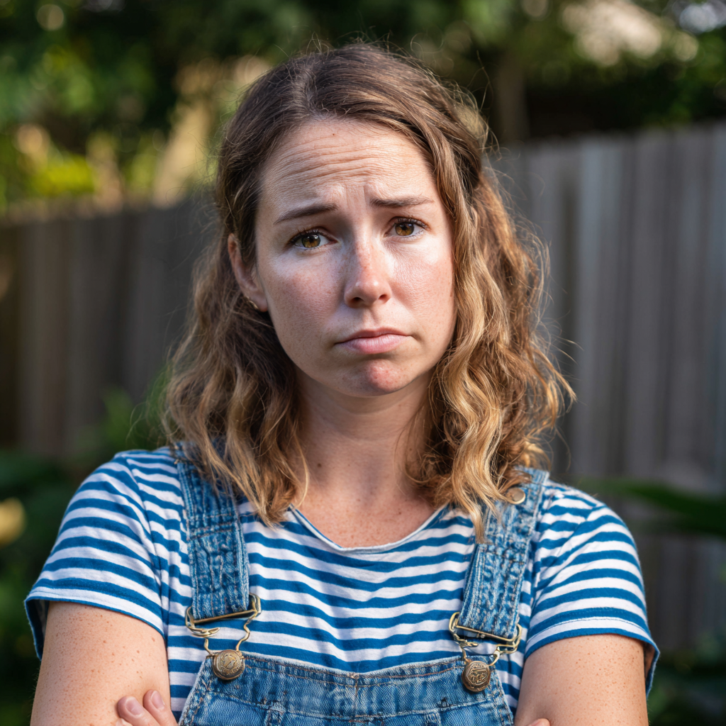 An upset woman wearing denim dungarees | Source: Midjourney