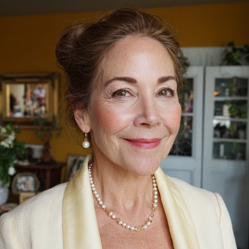 A smiling older woman wearing pearls | Source: Midjourney