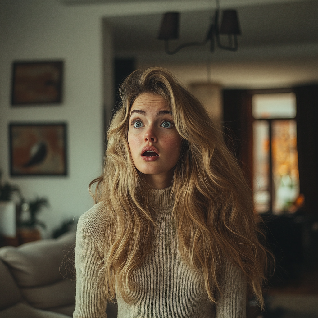 A shocked woman standing in her living room | Source: Midjourney