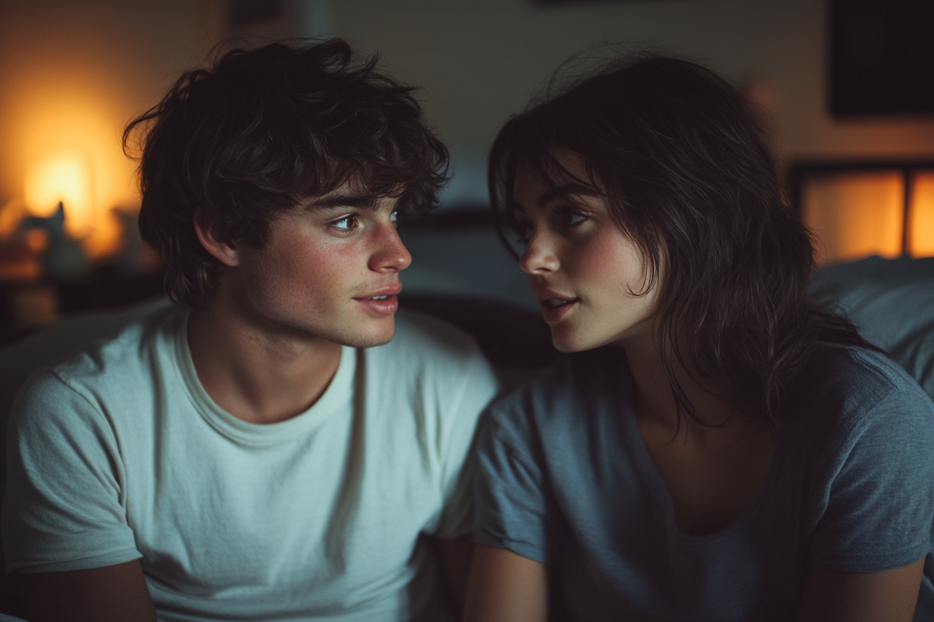 Couple talking in their bedroom | Source: Midjourney