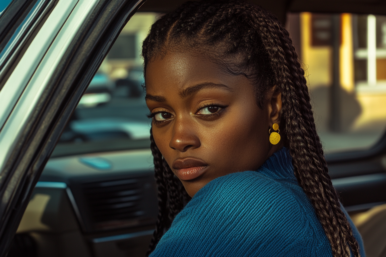 A woman looking away as she gets out of the car in a parking lot | Source: Midjourney