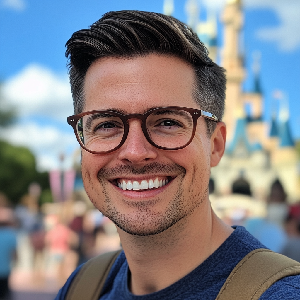 Um homem sorridente na Disney | Fonte: Midjourney