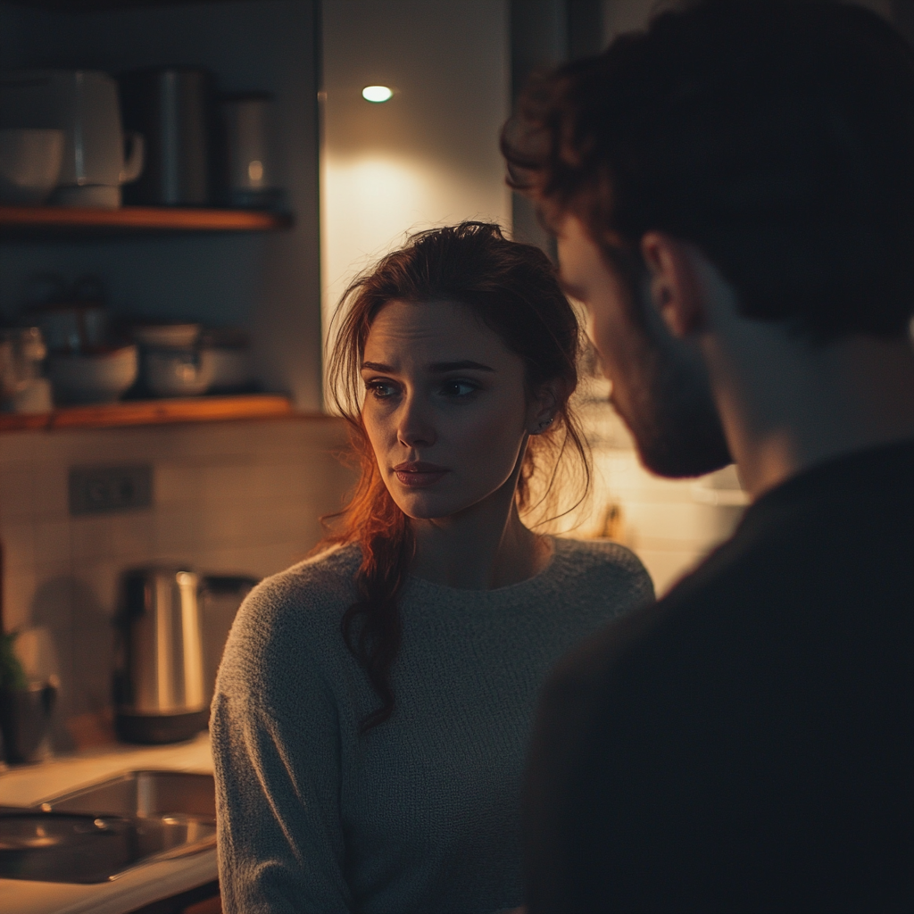 A concerned woman with a man in the kitchen | Source: Midjourney