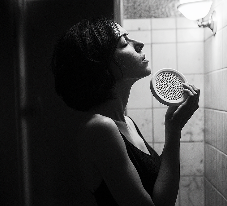 A woman standing in a bathroom holding an air vent cover | Source: Midjourney