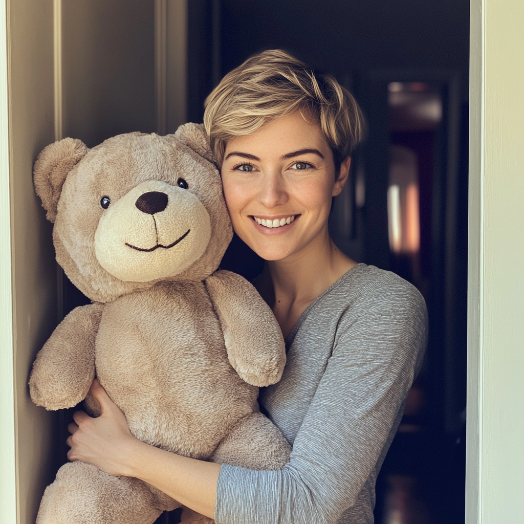 A woman holding a teddy bear | Source: Midjourney