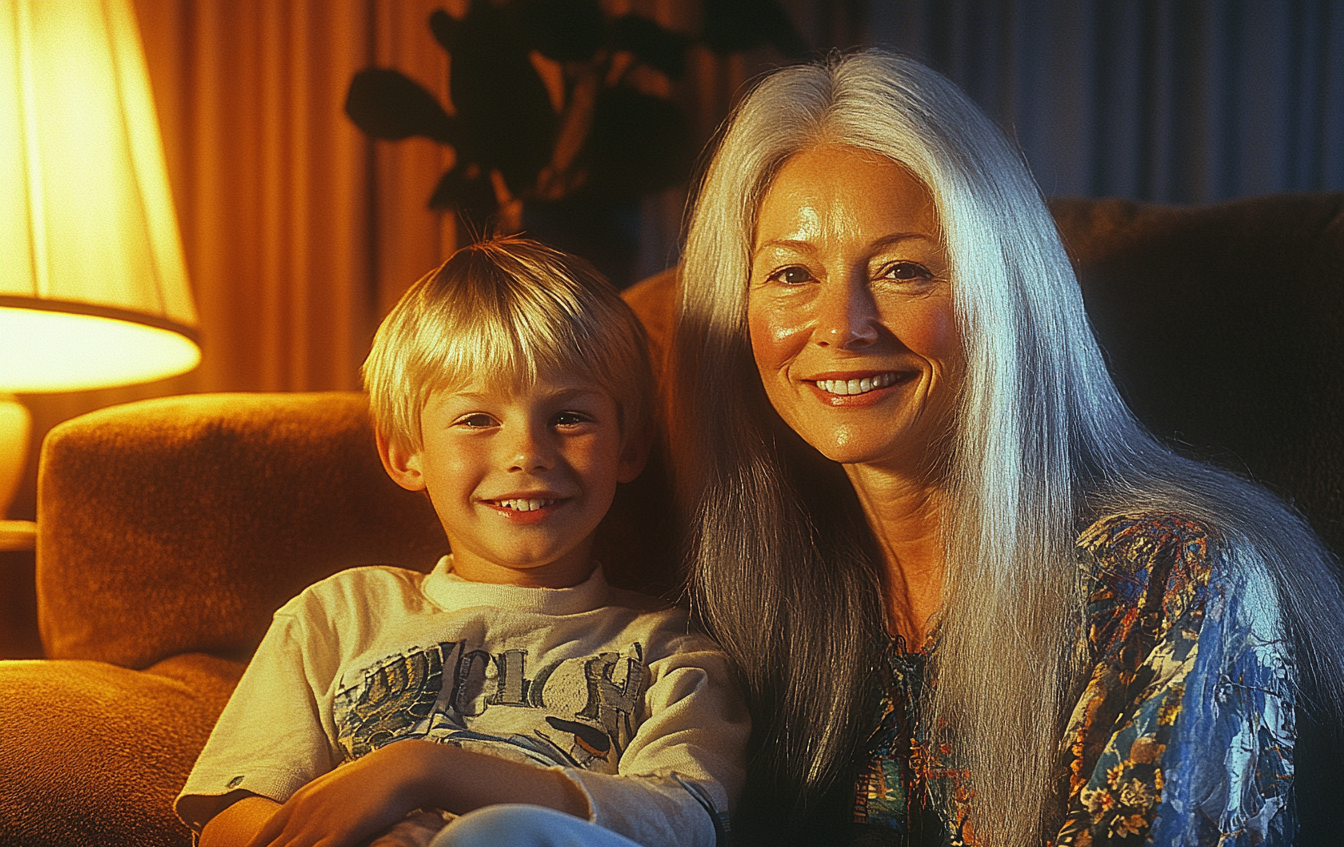 An older woman and her grandson sitting on a couch, smiling | Source: Midjourney