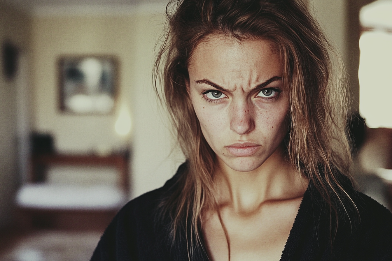 An angry woman in a bathrobe scowling at someone | Source: Midjourney