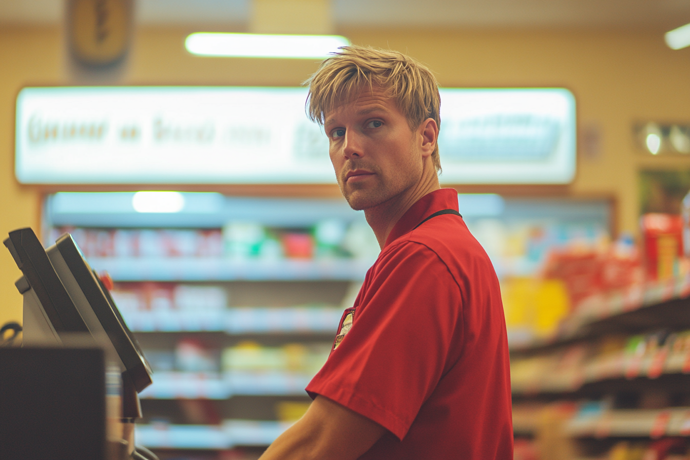 Un hombre con uniforme rojo trabajando como cajero en una tienda de comestibles | Fuente: Midjourney