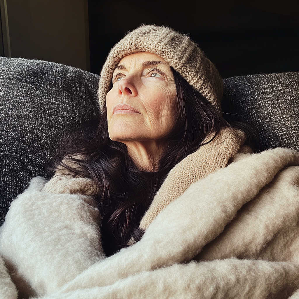 A woman sitting on a couch and looking up | Source: Midjourney