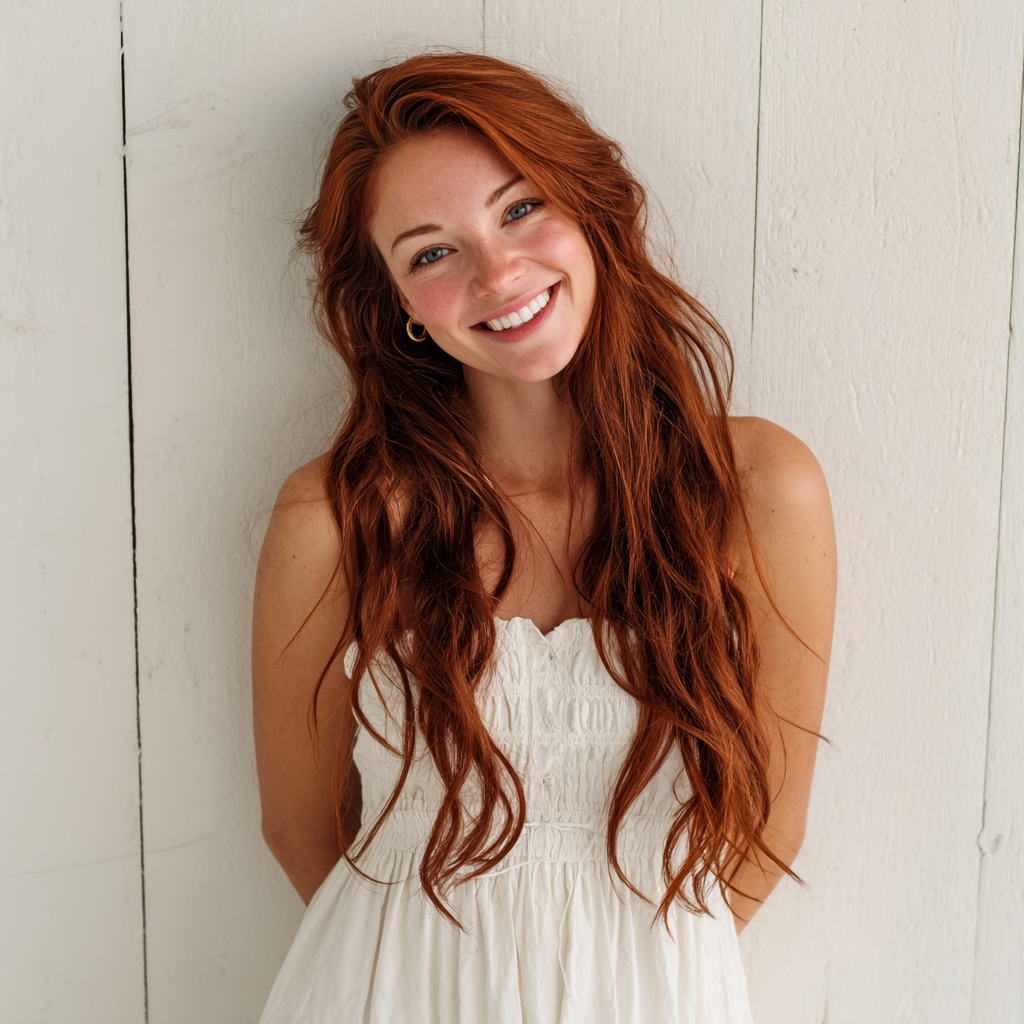 A smiling woman wearing a white dress | Source: Midjourney