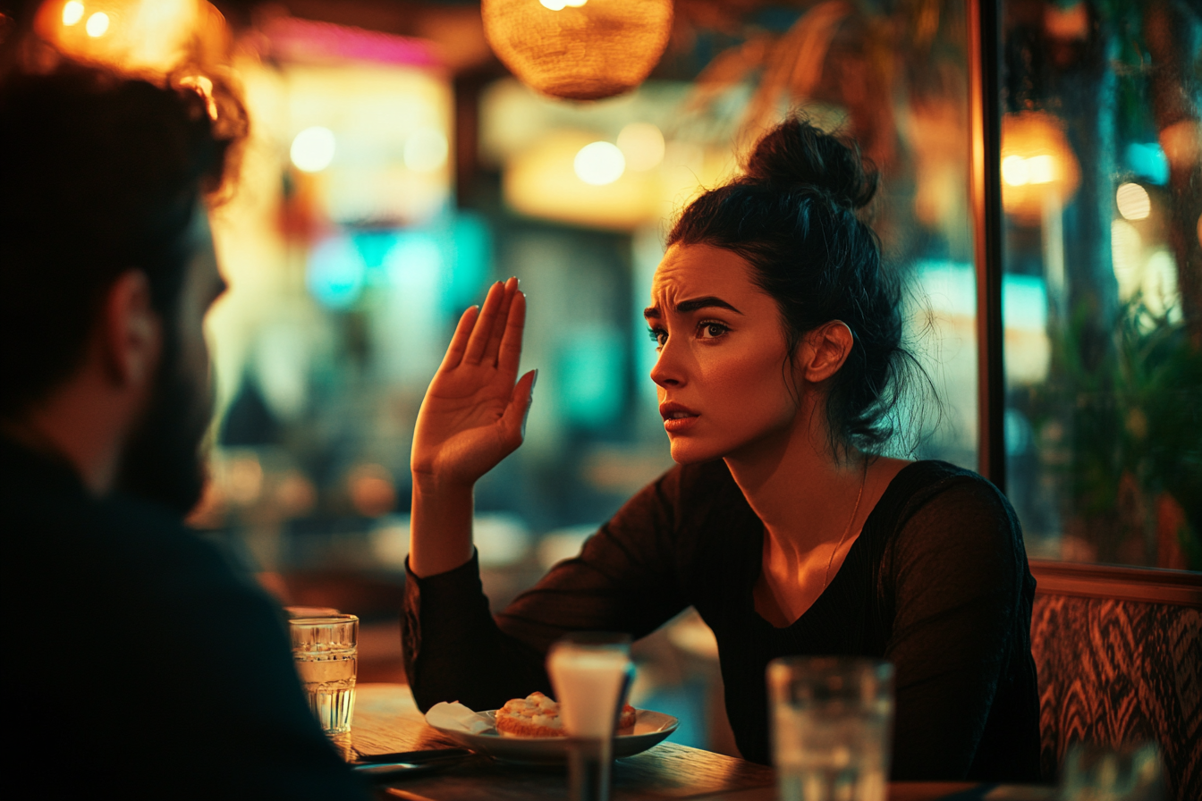 A black-haired woman in her 30s frowning at a man on a bad date night in a restaurant | Source: Midjourney