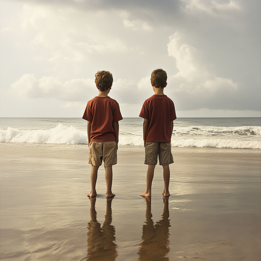 Dois irmãos em pé perto do mar | Fonte: Midjourney