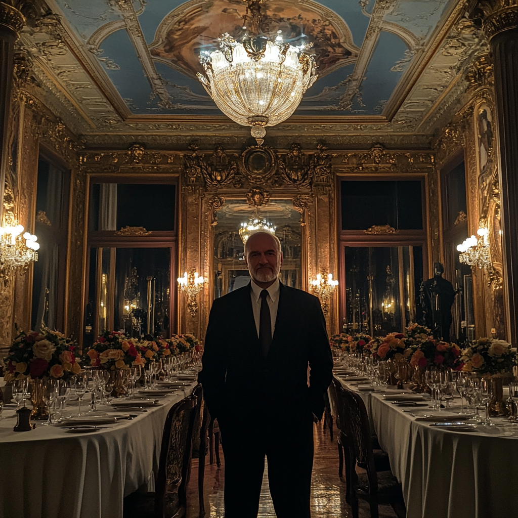 A man standing in a lavish dining room | Source: Midjourney