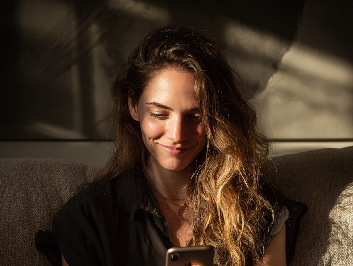 An amused woman texting on her phone | Source: Midjourney