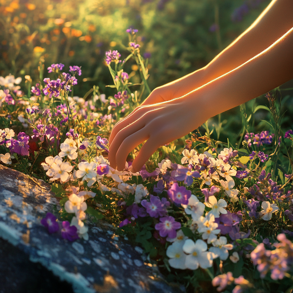 A woman placing purple and white wildflowers on a grave | Source: Midjourney