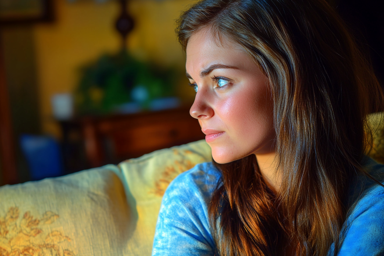 A woman sitting on a sofa looking at someone | Source: Midjourney