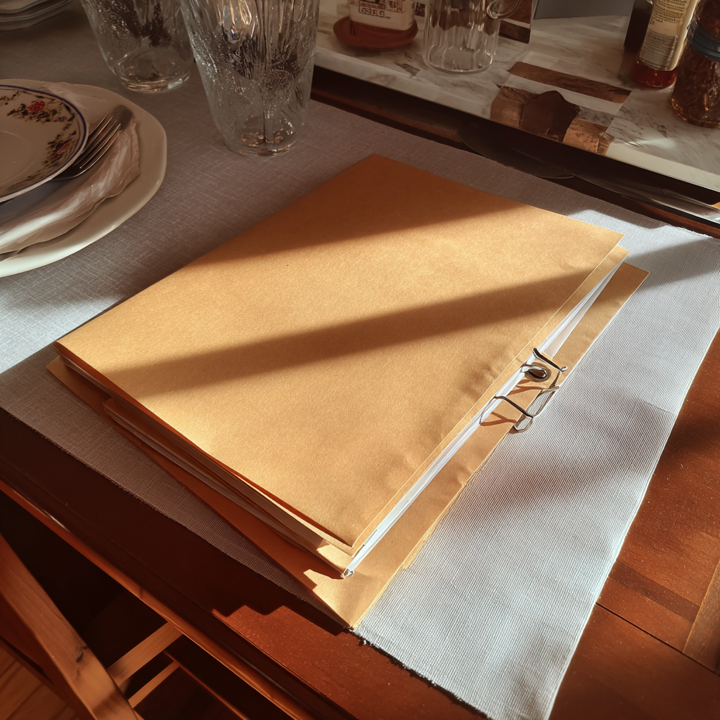 A manila folder on a dining table | Source: Midjourney