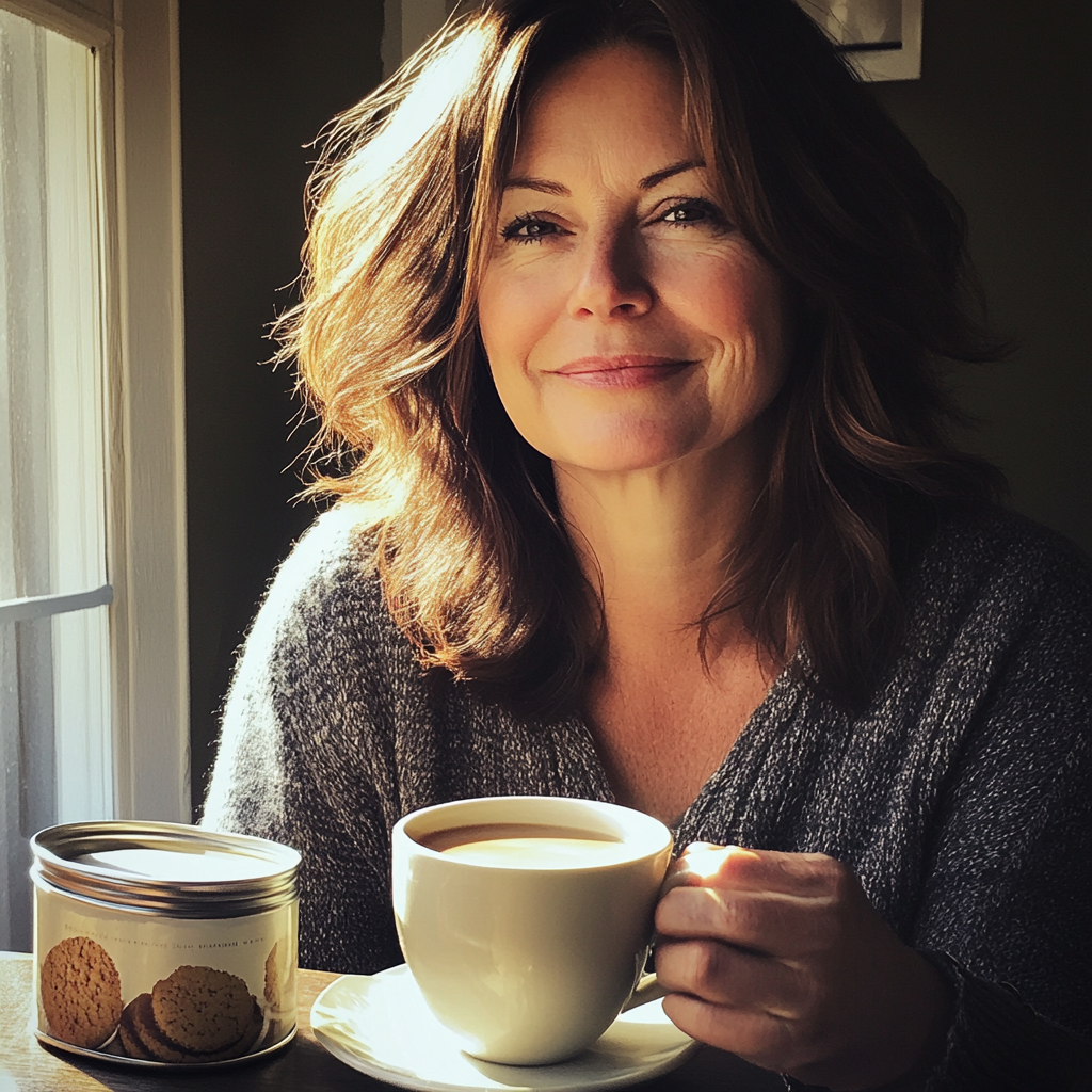 A woman sitting with a cup of coffee | Source: Midjourney